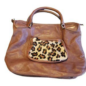 Rossella D Womens Satchel Cheetah Print Fur Leather Handbag Shoulder Bag Purse